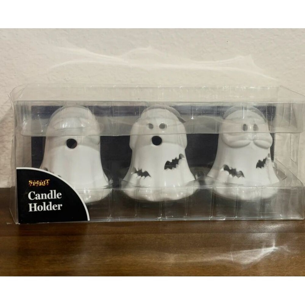 3 Ceramic Ghost candle holders - hear see speak no evil